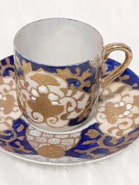 Vintage Porcelain Cobalt Blue and Gold Demitasse Cup & Saucer Hand-Painted
